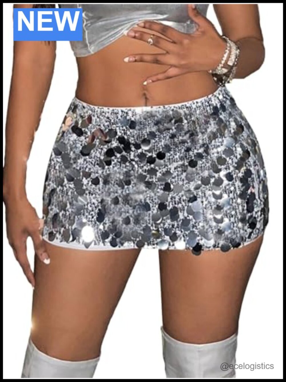 Sequin Bodycon Mini Skirt Sparkly Rave Party Pull-On